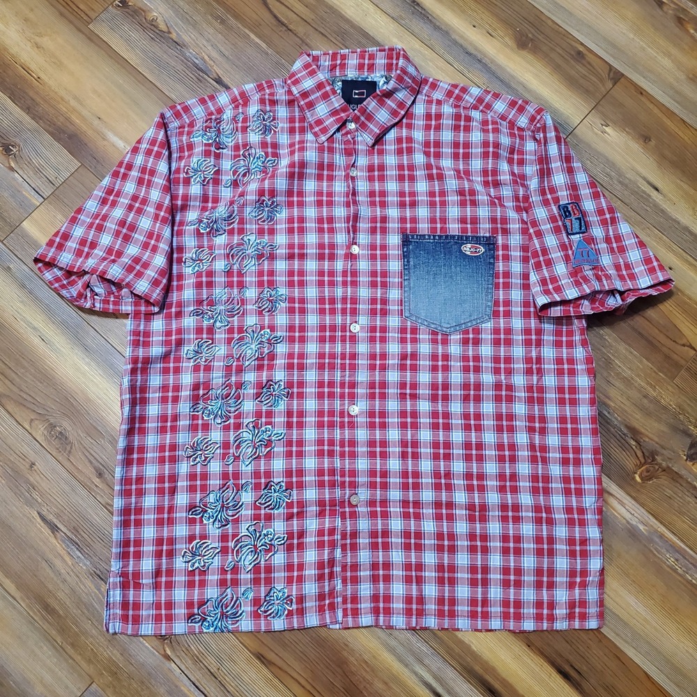 RARE Vintage 90s Bugle Boy Jean Company Mens LARGE Red Plaid Floral Button Shirt